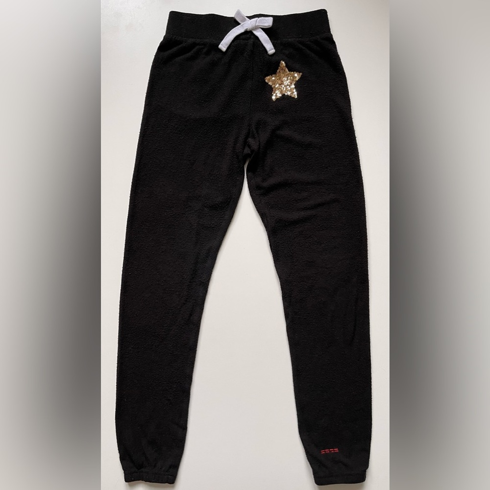 Peace Love World Girls’ Thin Black Sweatpants with Gold Sequin Star